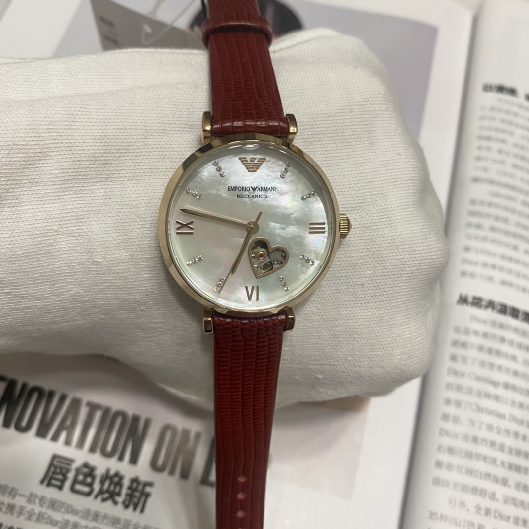 AR60048 (Emporio Armani)手表，时尚酒红色皮革表带欧美表机械机芯女士腕表；太阳放射纹